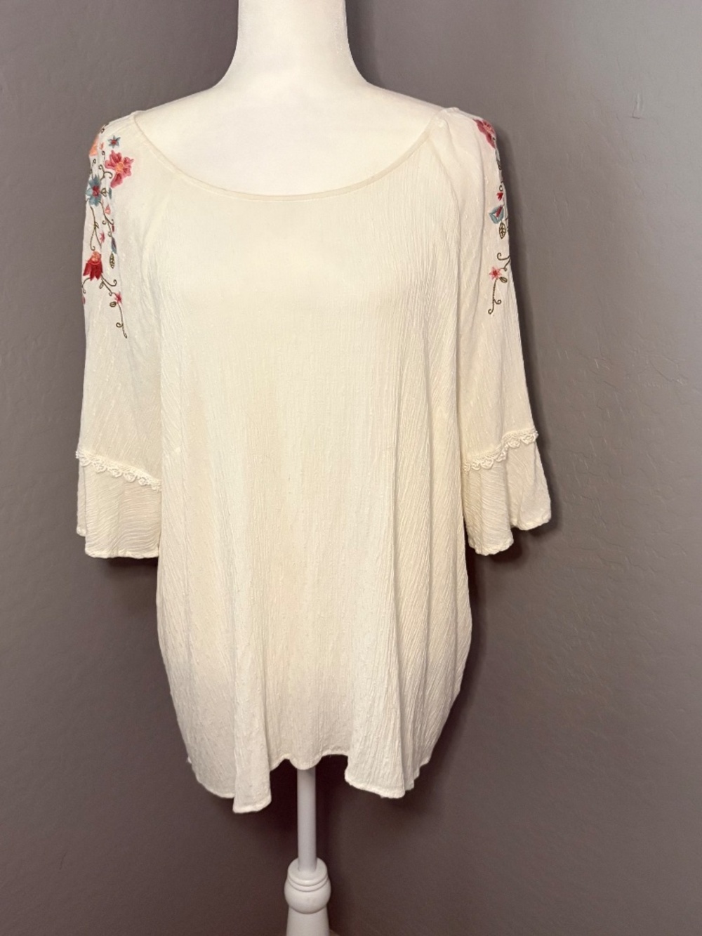 White Floral Embroidered Peasant Top